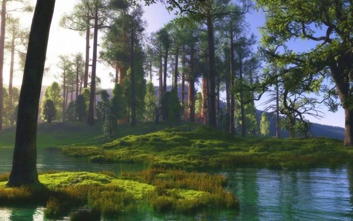 green and white trees near body of water painting nature landscape 2k