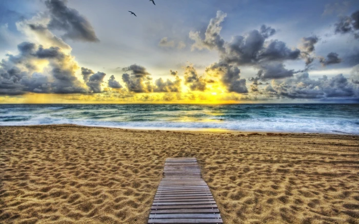 nature beach sunset waves sea clouds 2k
