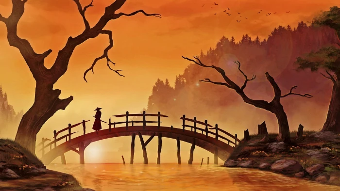 silhouette of person on top bridge samurai illustration 2k