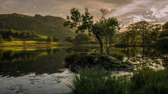 body of water nature landscape hills trees clouds mountains 2k