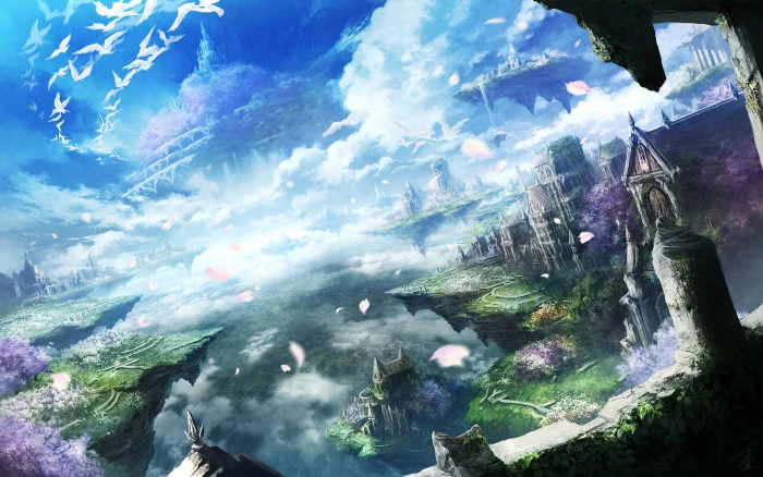 fantasy themed wallpaper anime sky city landscape art 2k
