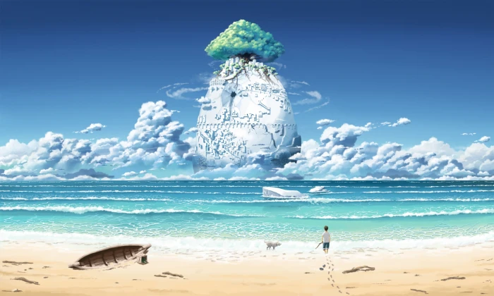 movie scene illustration beach sea clouds trees fantasy art 2k