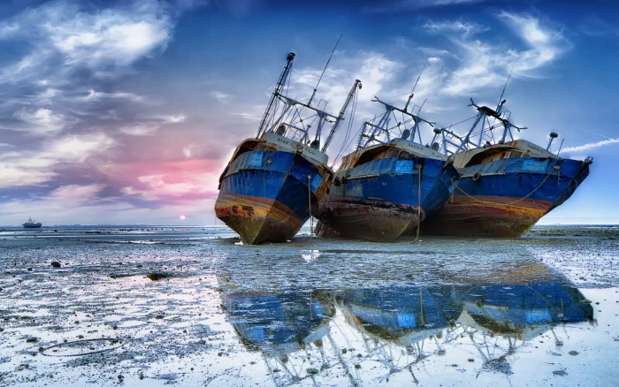 three blue ships fishing cold sky sea beach boat clouds 2k