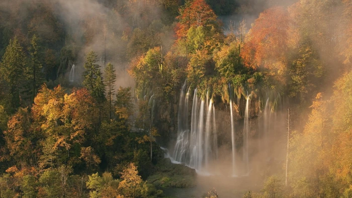 waterfalls painting nature landscape forest trees beauty in 2k