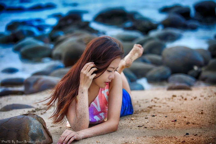 Asian women sand covered on beach dyed hair brunette 2k