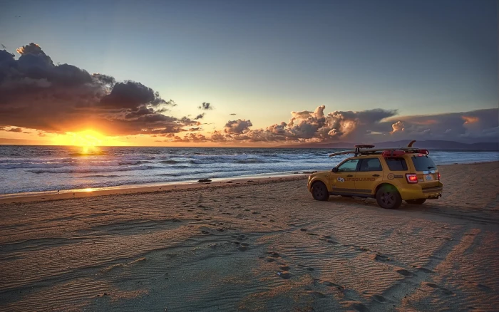 beach sunset sea clouds car 2k