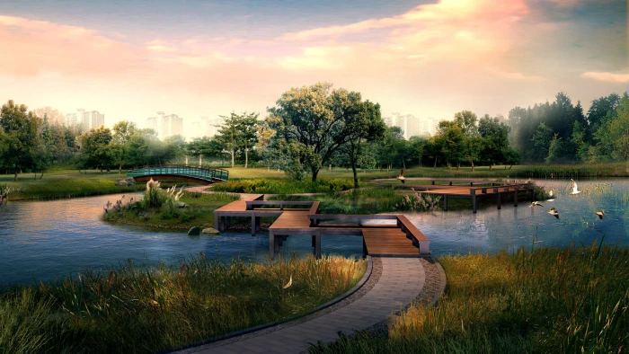 green leafed trees nature landscape water clouds lake bridge 2k