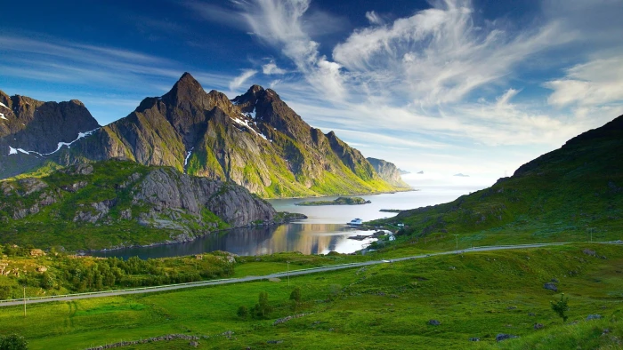 mountains road clouds bay sea island grass green nature 2k