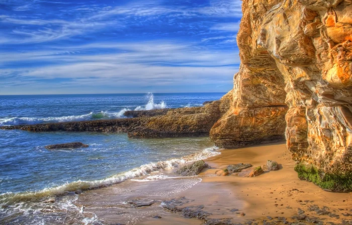 nature landscape beach sea coast rock cliff waves cave 2k