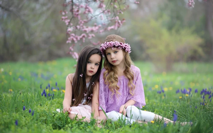 Two cute girls nature grass 2k