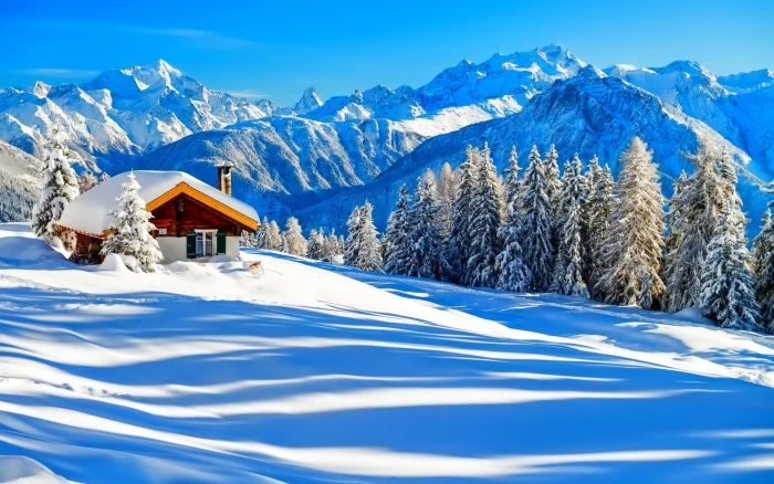 Winter snow house trees nature forest mountains sky white 2k