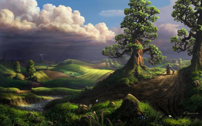digital art fantasy clouds nature landscape trees 2k