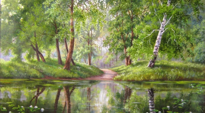 forest trees water nature artwork painting plant reflection 2k