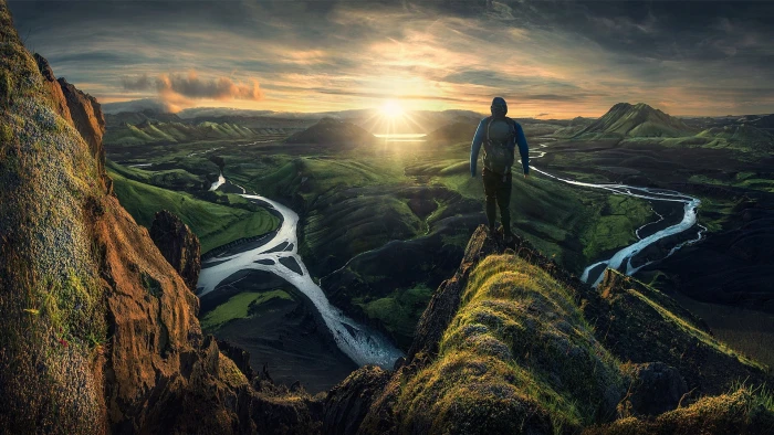 man standing on a cliff illustration nature landscape mountains 2k