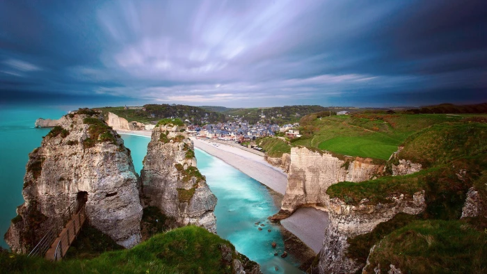 nature landscape water rock clouds long exposure grass 2k