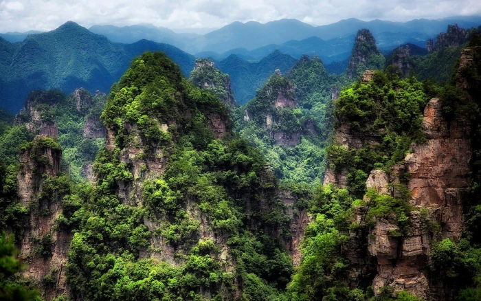 aerial view photo of brown mountains with trees under cloudy sky 2k