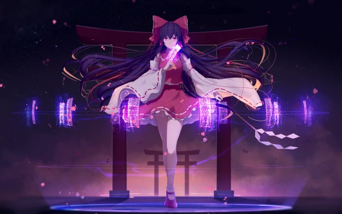 anime girls Touhou Hakurei Reimu night illuminated 2k