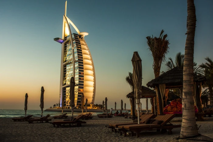 Burj Al Arab dubai palm trees deck chairs beach united Emirates 2k