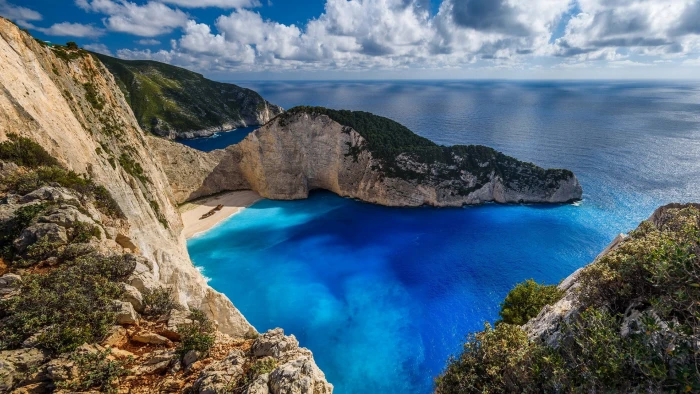 coast sky rock cliff sea navagio bay promontory shipwreck beach 2k