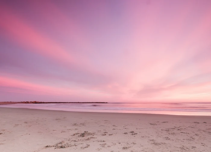 gray sand sunset beach the sky horizon pink seascape romantic 2k 4k