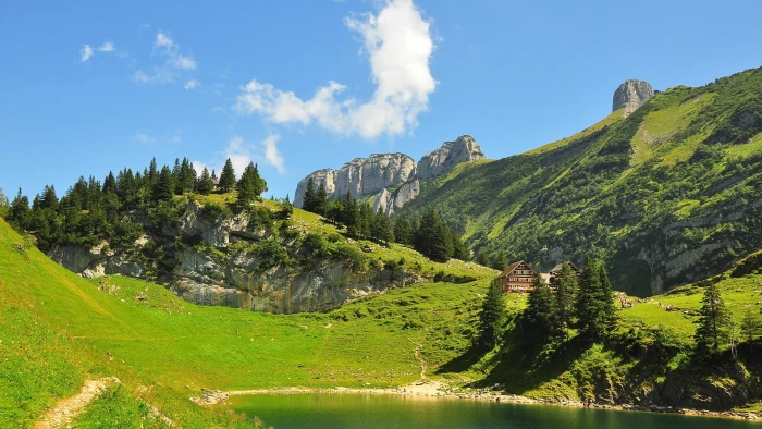 green trees nature landscape mountains clouds forest hills 2k