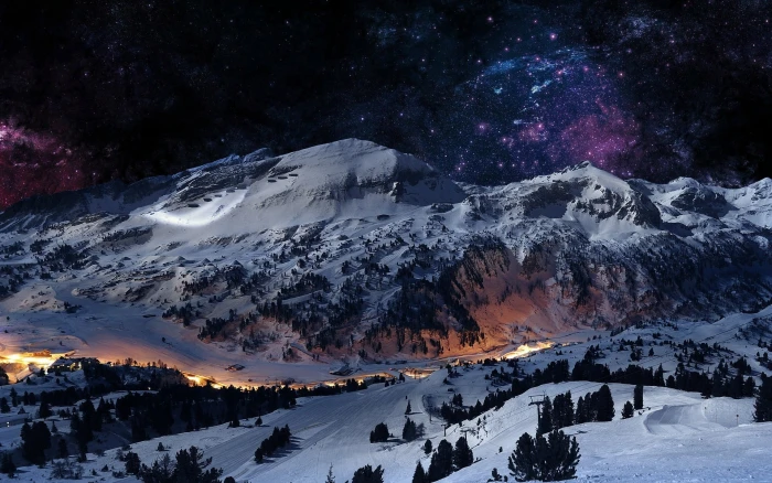 mountains with snow digital wallpaper space stars galaxy blue 2k
