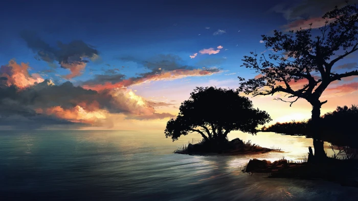 Nature scenery painting night trees lake clouds 2k