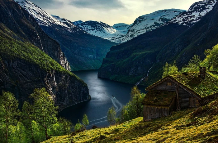 nature landscape Norway river cabin water scenics 2k