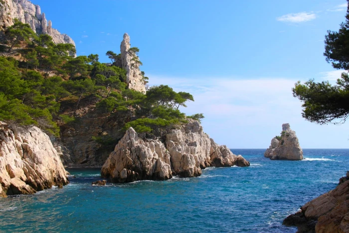 nature landscape sea trees rock beach coast island France 2k