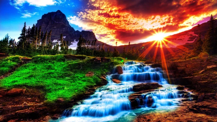 nature landscape water sky tree waterfall summer river 2k
