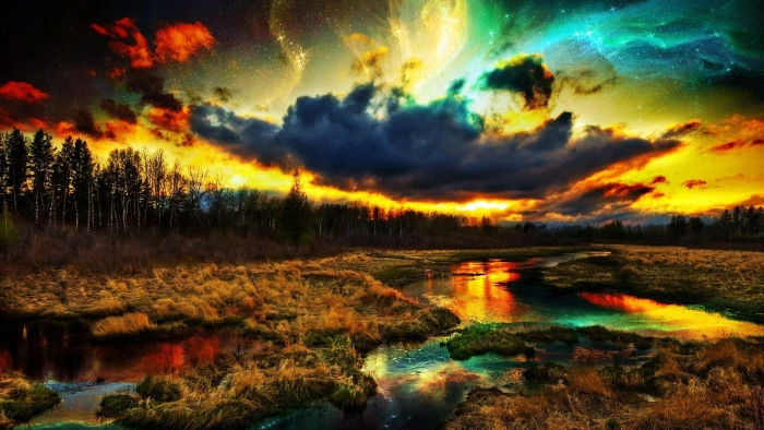 nature sky reflection fantasy landscape pond water wetland 2k