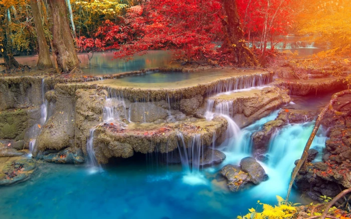 painting of river in forest waterfalls landscape nature 2k