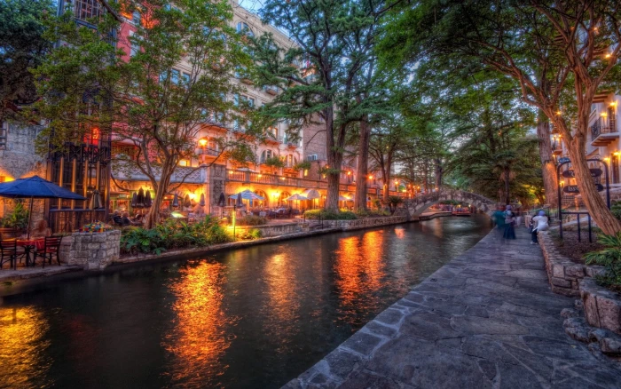 San antonio Texas Sunset Beach River Cafes tree water 2k