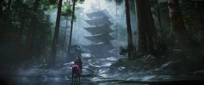 video games Video Game Art tower horse samurai Ghost of Tsushima 2k