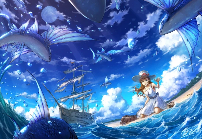 anime girl ocean fish ship beach dress sky moon clouds 2k