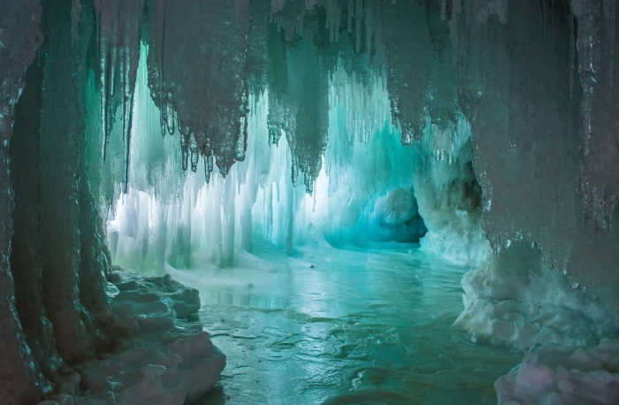 nature cave sunlight ice frost glaciers icicle snow 2k