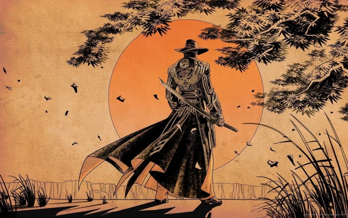 samurai wallpaper man wearing hat holding sword painting digital art 2k