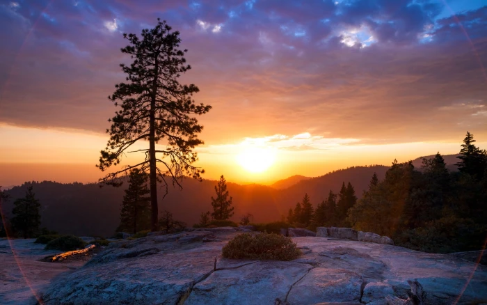 Sunset mountains scenery trees clouds 2k