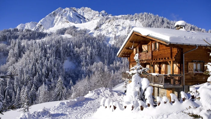 Wondrous Chalet In The French Alps Winter forest mountains 2k