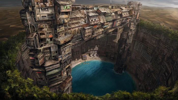 brown concrete house over blue body of water painting aerial photograph building on mountain 2k