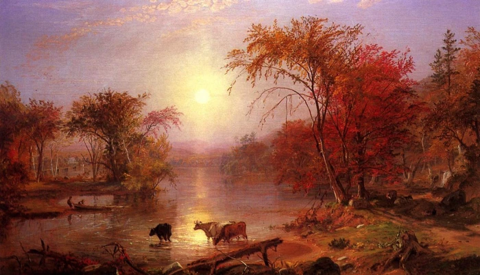 brown cow near river surrounded by trees painting albert bierstadt 2k