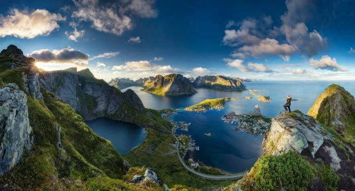 mountain and body of water wallpaper aerial photography near 2k