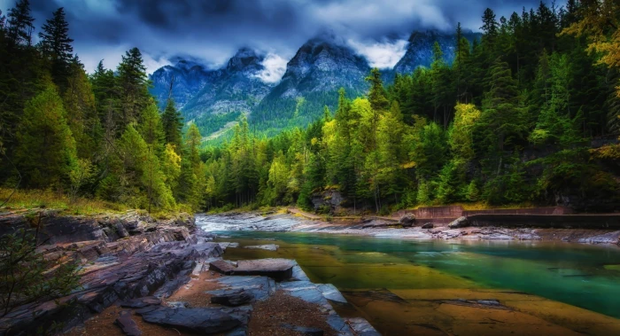 mountains clouds forest river trees spring green nature 2k