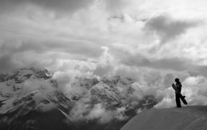 mountains clouds snow snowboarding monochrome nature 2k 4k