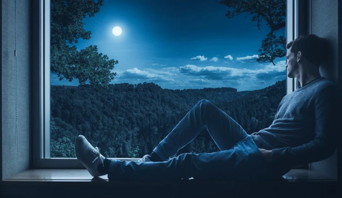 Man sitting on a window sill looking out at night person solo 2k