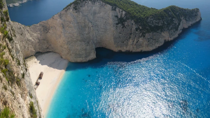 sea cliff anime nature beach navagio Greece landscape 2k