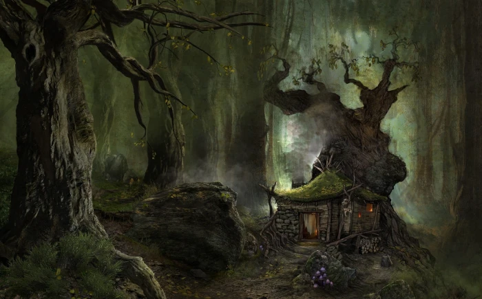 illustration of house in forest digital art fantasy nature 2k