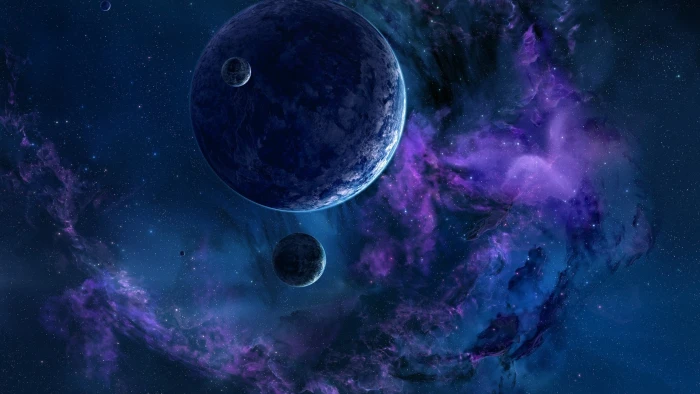 two gray and one blue planets digital wallpaper space stars 2k