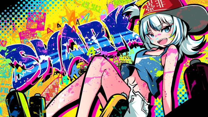 Hololive Gawr Gura shark teeth hat graffiti anime girls 62 2k 4k
