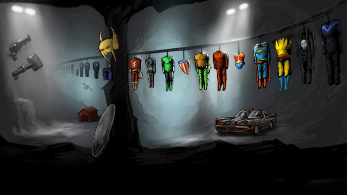 DC Comics character costumes hanged digital wallpaper Batman 2k
